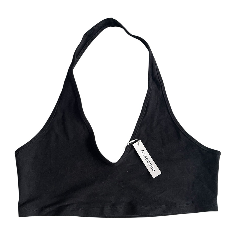 NWT‎ Aescondo Women's Size XL Black Bralette Halter V-Neck 95% Cotton Wireless